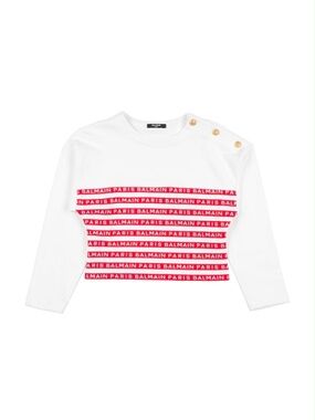 Balmain White Long Sleeve Tee with Red Logo Stripes